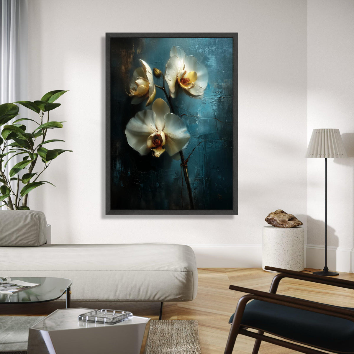 Elegant White Orchid Blossoms Canvas, Floral Wall Art, Blue Background Flower Painting, Modern Home Décor, Ready Gift Art, Home Decor, Print
