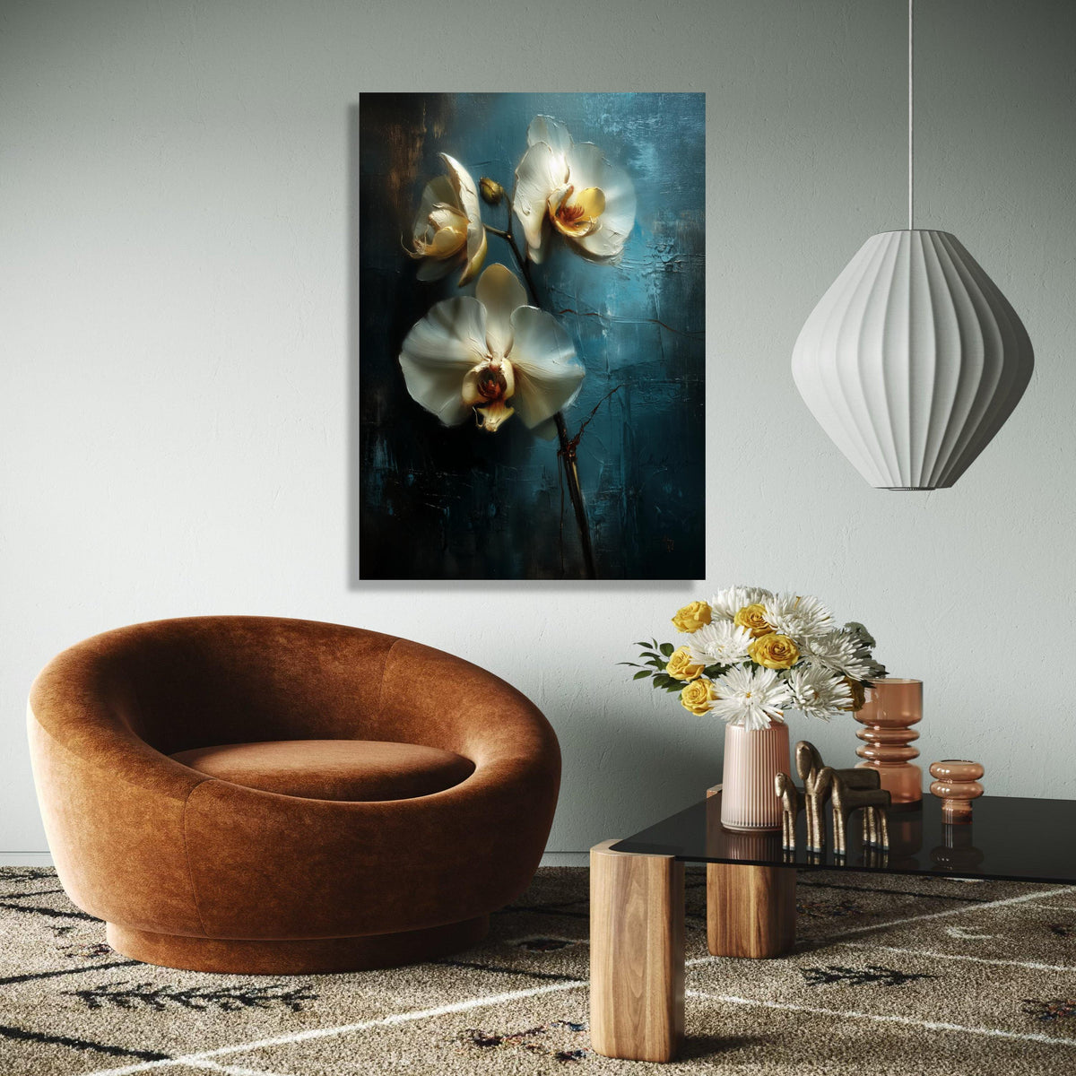 Elegant White Orchid Blossoms Canvas, Floral Wall Art, Blue Background Flower Painting, Modern Home Décor, Ready Gift Art, Home Decor, Print