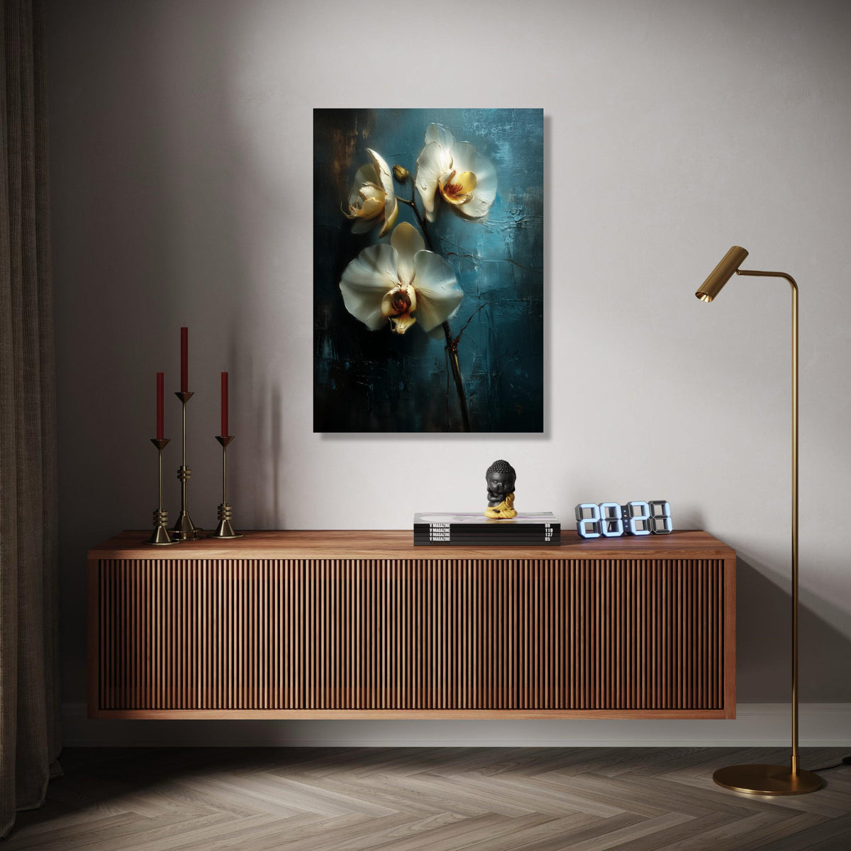 Elegant White Orchid Blossoms Canvas, Floral Wall Art, Blue Background Flower Painting, Modern Home Décor, Ready Gift Art, Home Decor, Print