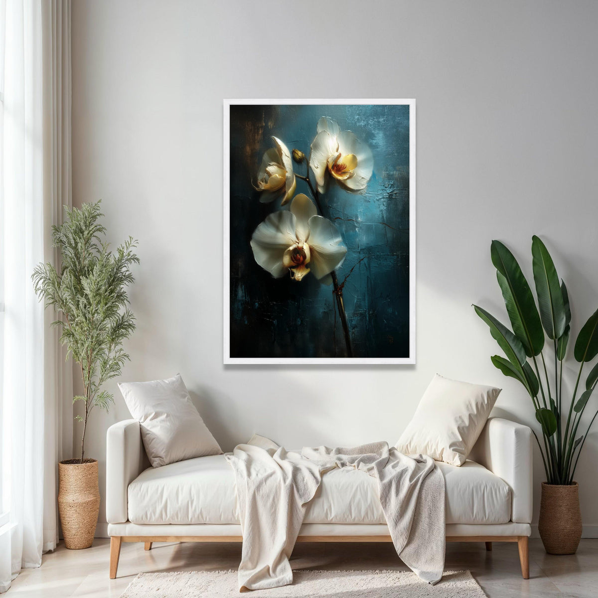 Elegant White Orchid Blossoms Canvas, Floral Wall Art, Blue Background Flower Painting, Modern Home Décor, Ready Gift Art, Home Decor, Print