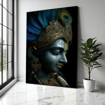 Divine Krishna Portrait Canvas, Blue Lord Krishna Wall Art, Indian Mythology Canvas, Ornate Feather Crown Gift Art, Home Decor, Print