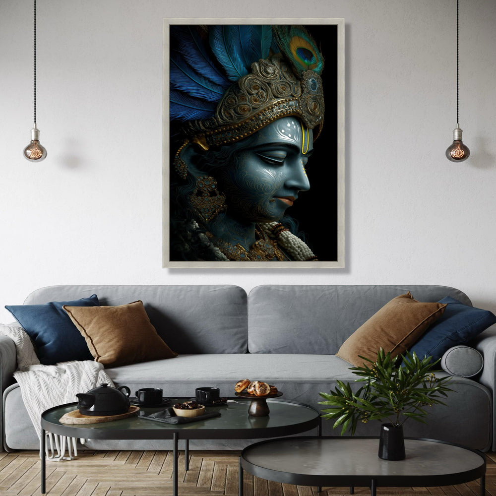 Divine Krishna Portrait Canvas, Blue Lord Krishna Wall Art, Indian Mythology Canvas, Ornate Feather Crown Gift Art, Home Decor, Print