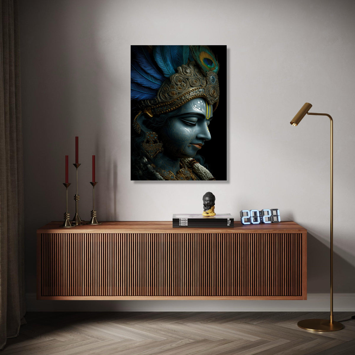 Divine Krishna Portrait Canvas, Blue Lord Krishna Wall Art, Indian Mythology Canvas, Ornate Feather Crown Gift Art, Home Decor, Print