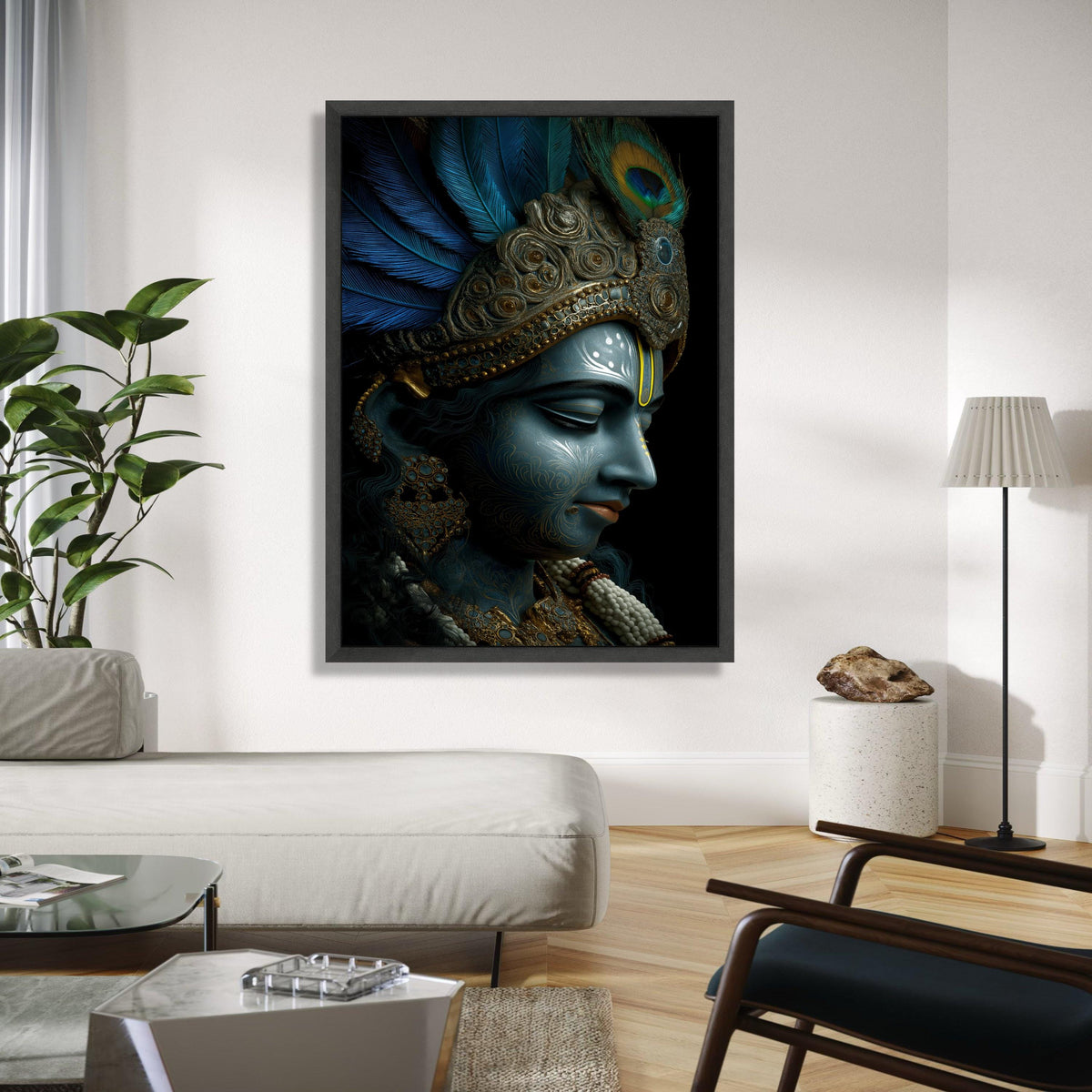 Divine Krishna Portrait Canvas, Blue Lord Krishna Wall Art, Indian Mythology Canvas, Ornate Feather Crown Gift Art, Home Decor, Print