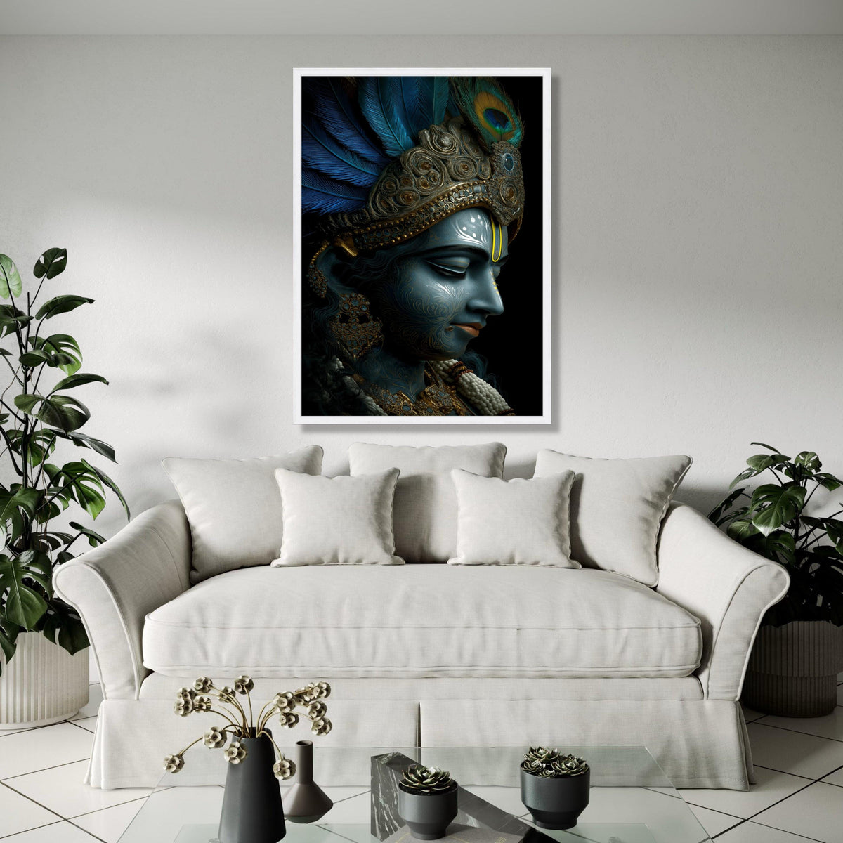 Divine Krishna Portrait Canvas, Blue Lord Krishna Wall Art, Indian Mythology Canvas, Ornate Feather Crown Gift Art, Home Decor, Print