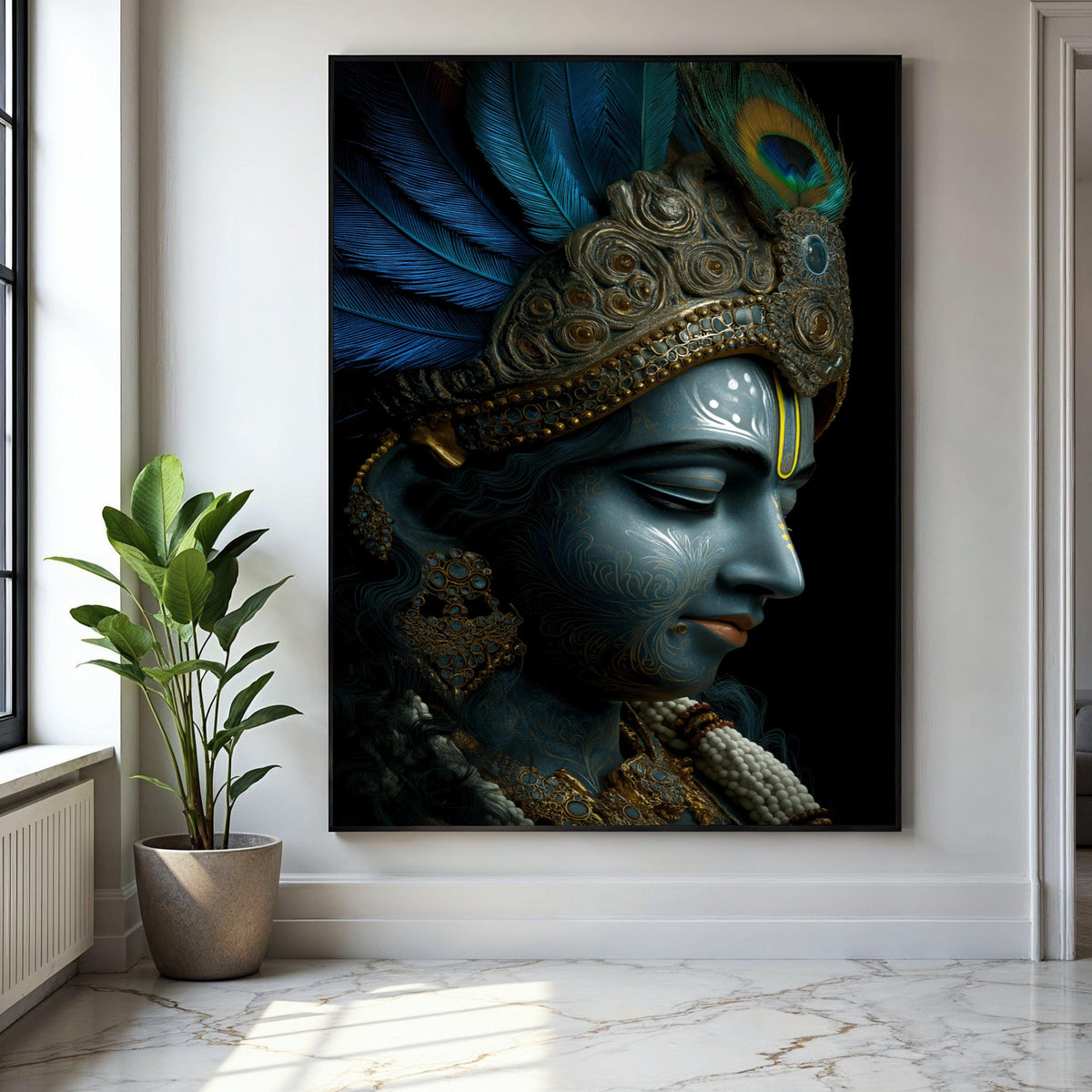 Divine Krishna Portrait Canvas, Blue Lord Krishna Wall Art, Indian Mythology Canvas, Ornate Feather Crown Gift Art, Home Decor, Print
