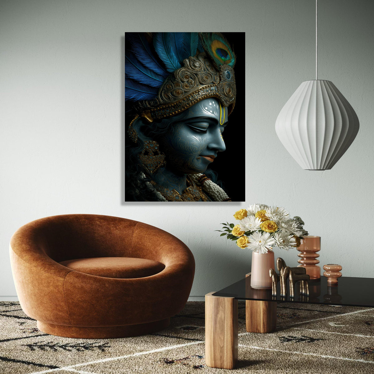 Divine Krishna Portrait Canvas, Blue Lord Krishna Wall Art, Indian Mythology Canvas, Ornate Feather Crown Gift Art, Home Decor, Print