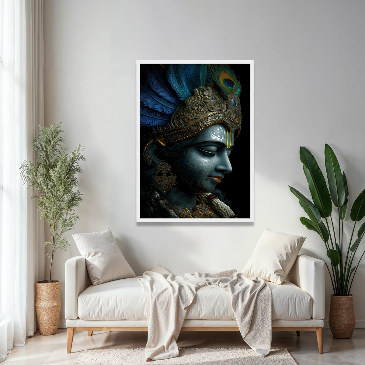 Divine Krishna Portrait Canvas, Blue Lord Krishna Wall Art, Indian Mythology Canvas, Ornate Feather Crown Gift Art, Home Decor, Print