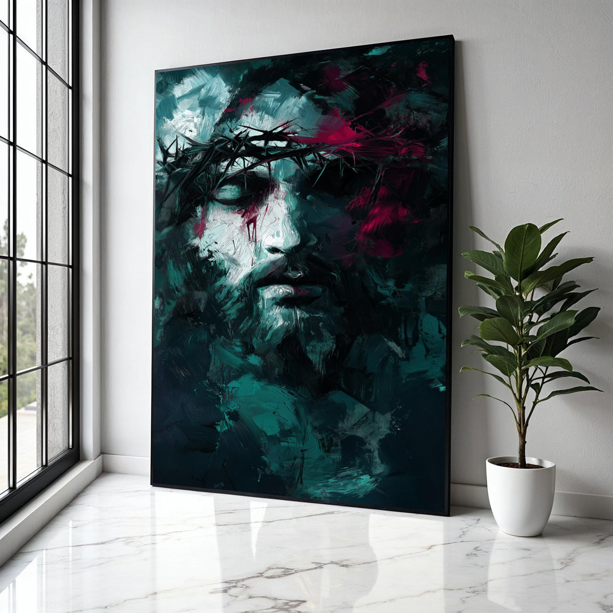 Abstract Jesus Portrait Canvas, Crown of Thorns Painting, Modern Religious Wall Art, Dark Spiritual Decor, Gift Art, Home Decor, Print