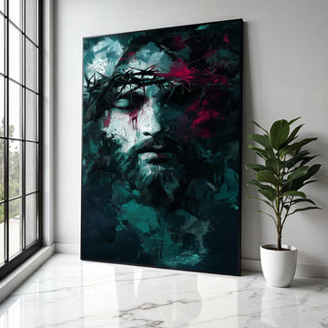 Abstract Jesus Portrait Canvas, Crown of Thorns Painting, Modern Religious Wall Art, Dark Spiritual Decor, Gift Art, Home Decor, Print