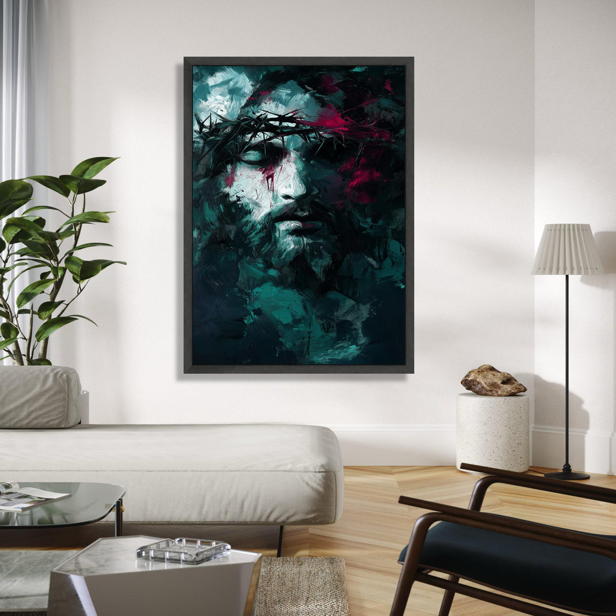 Abstract Jesus Portrait Canvas, Crown of Thorns Painting, Modern Religious Wall Art, Dark Spiritual Decor, Gift Art, Home Decor, Print