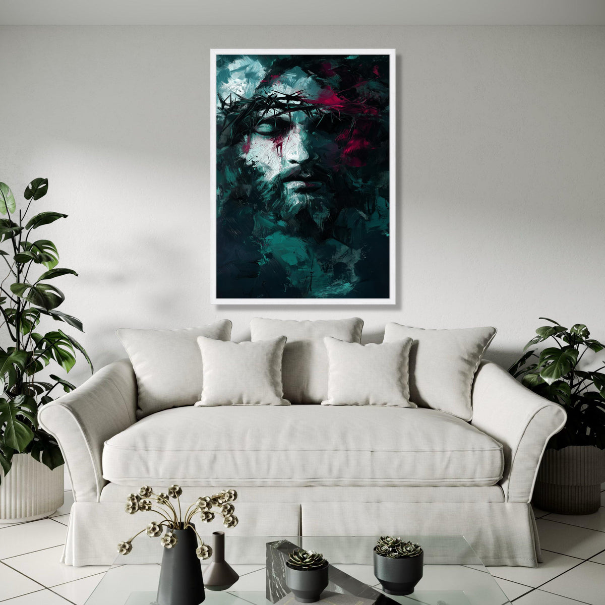 Abstract Jesus Portrait Canvas, Crown of Thorns Painting, Modern Religious Wall Art, Dark Spiritual Decor, Gift Art, Home Decor, Print