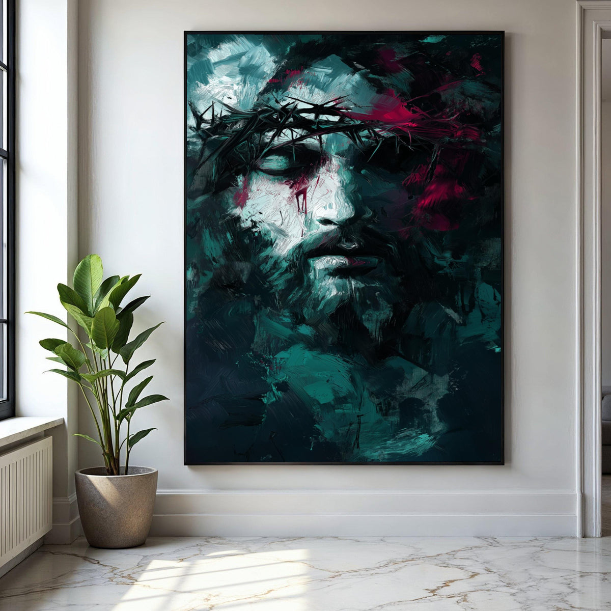 Abstract Jesus Portrait Canvas, Crown of Thorns Painting, Modern Religious Wall Art, Dark Spiritual Decor, Gift Art, Home Decor, Print