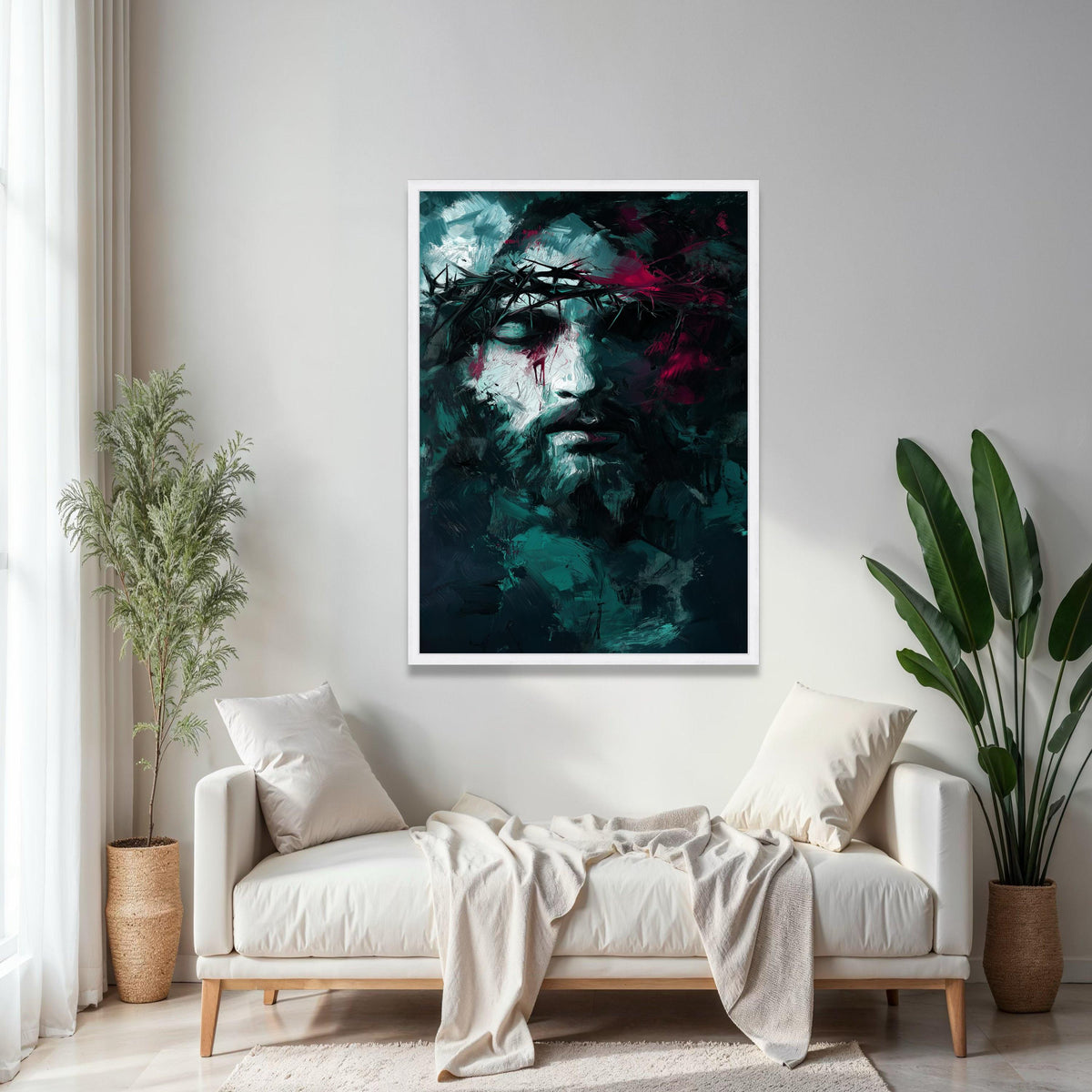 Abstract Jesus Portrait Canvas, Crown of Thorns Painting, Modern Religious Wall Art, Dark Spiritual Decor, Gift Art, Home Decor, Print