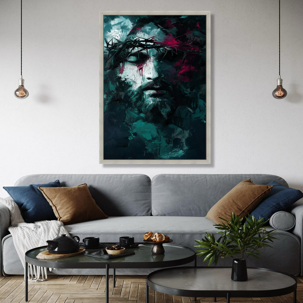 Abstract Jesus Portrait Canvas, Crown of Thorns Painting, Modern Religious Wall Art, Dark Spiritual Decor, Gift Art, Home Decor, Print