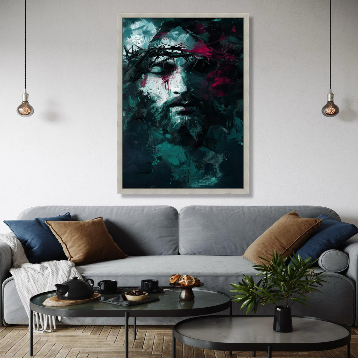 Abstract Jesus Portrait Canvas, Crown of Thorns Painting, Modern Religious Wall Art, Dark Spiritual Decor, Gift Art, Home Decor, Print