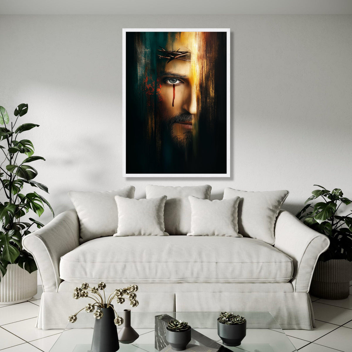 Dramatic Jesus Portrait Canvas, Crown of Thorns Wall Art, Religious Canvas, Spiritual Home Decor, Modern Gift Art, Home Decor, Print