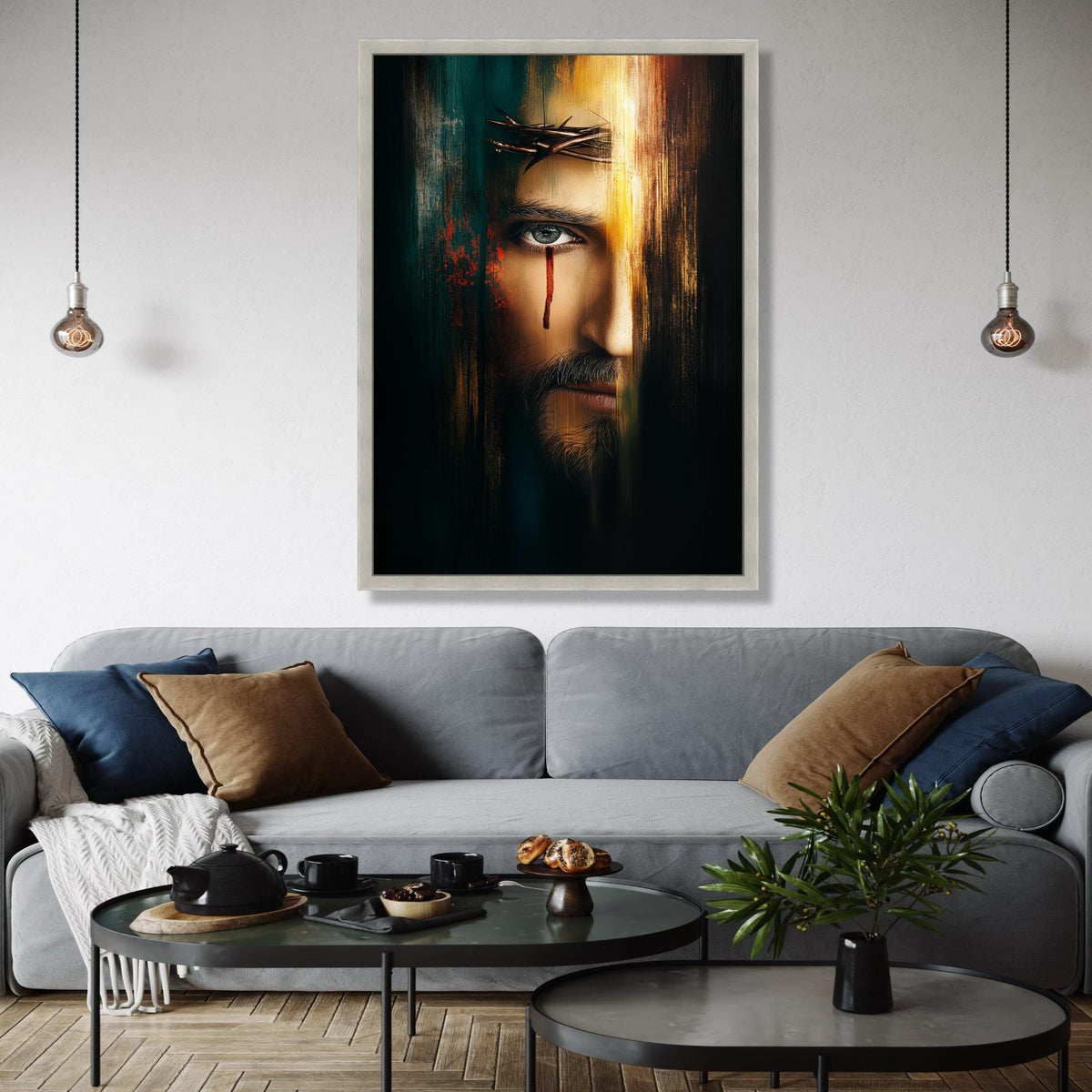Dramatic Jesus Portrait Canvas, Crown of Thorns Wall Art, Religious Canvas, Spiritual Home Decor, Modern Gift Art, Home Decor, Print