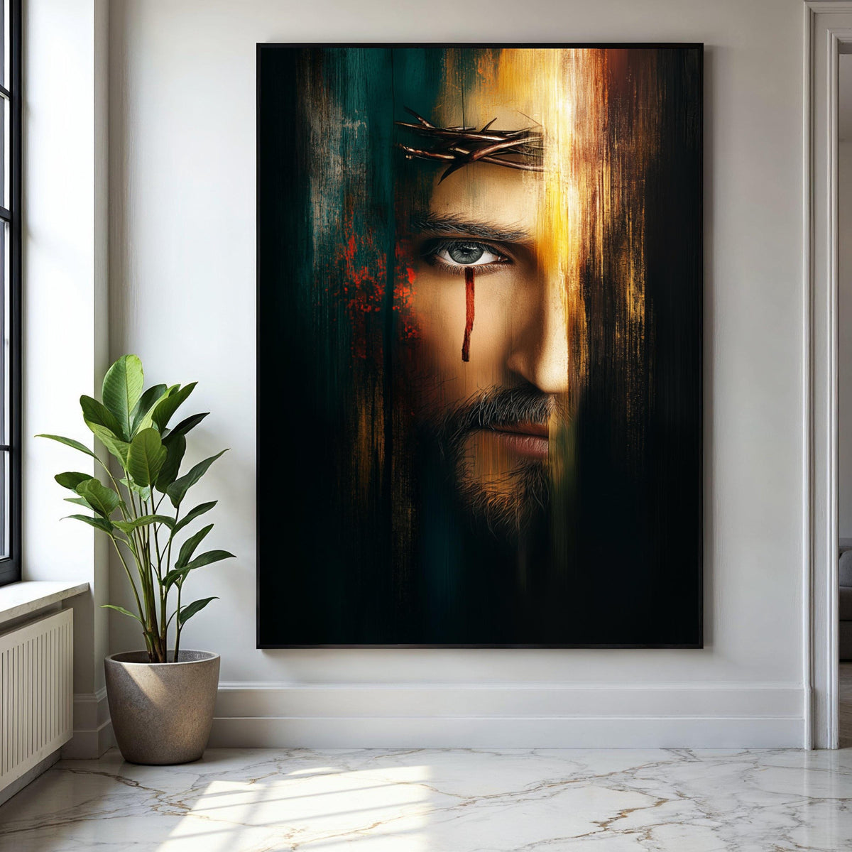 Dramatic Jesus Portrait Canvas, Crown of Thorns Wall Art, Religious Canvas, Spiritual Home Decor, Modern Gift Art, Home Decor, Print