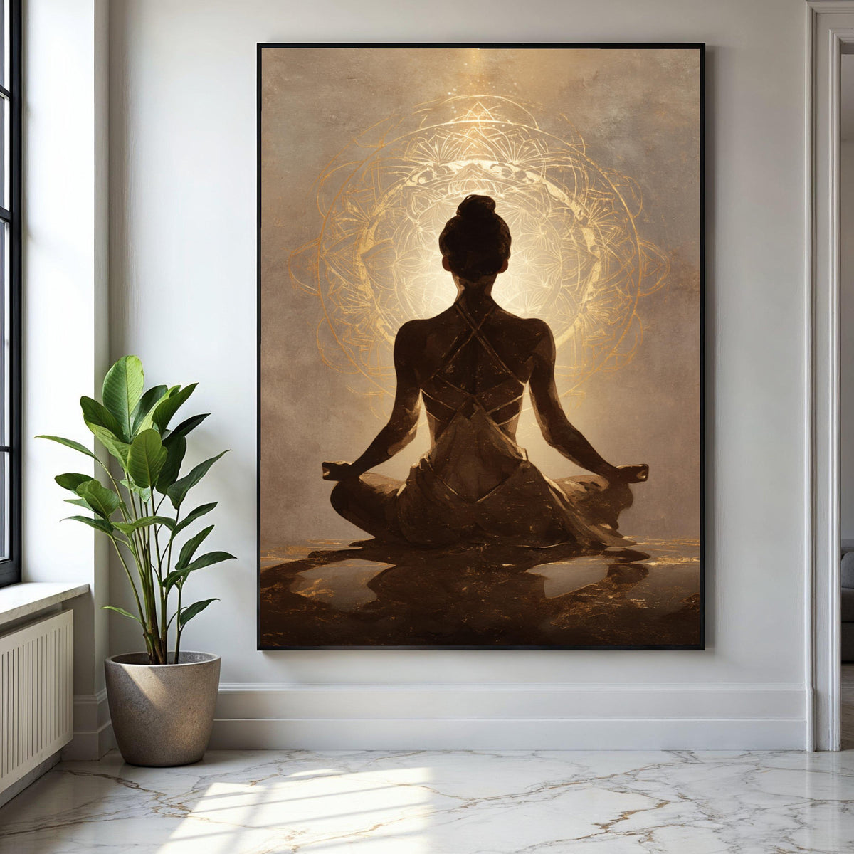 Meditative Woman Silhouette Canvas, Yoga Pose Wall Art, Spiritual Mandala Design, Calm Home Decoration, Gift Art, Home Decor, Print