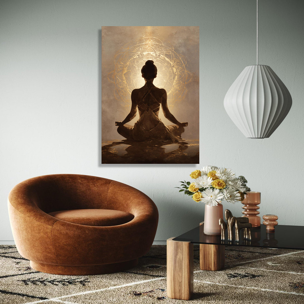 Meditative Woman Silhouette Canvas, Yoga Pose Wall Art, Spiritual Mandala Design, Calm Home Decoration, Gift Art, Home Decor, Print