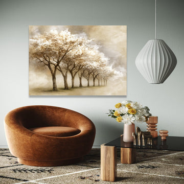 Tranquil Blossom Trees Canvas, Sepia Floral Landscape, Soft Nature Art, Misty Garden Wall Decoration, Elegant Gift Art, Home Decor, Print