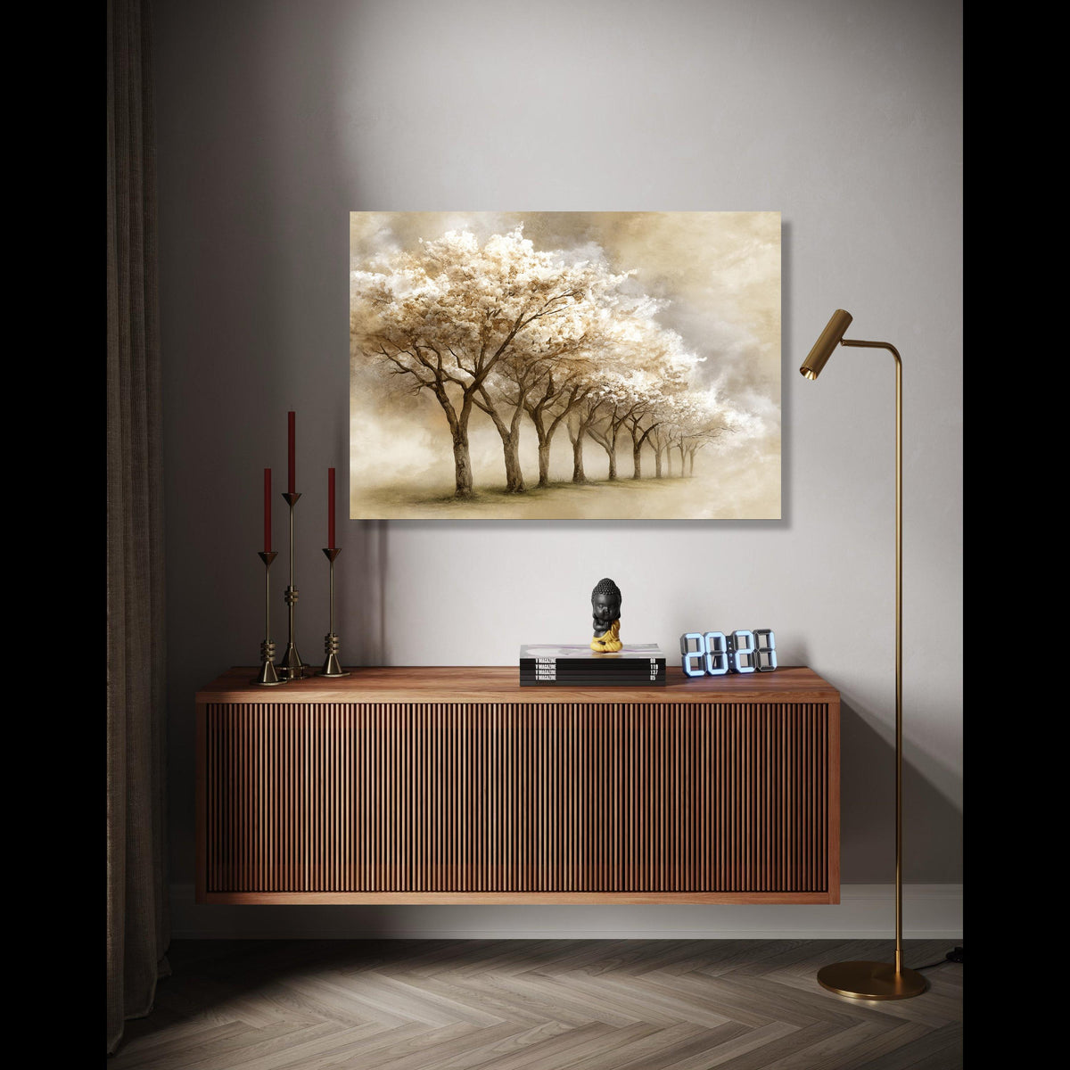 Tranquil Blossom Trees Canvas, Sepia Floral Landscape, Soft Nature Art, Misty Garden Wall Decoration, Elegant Gift Art, Home Decor, Print