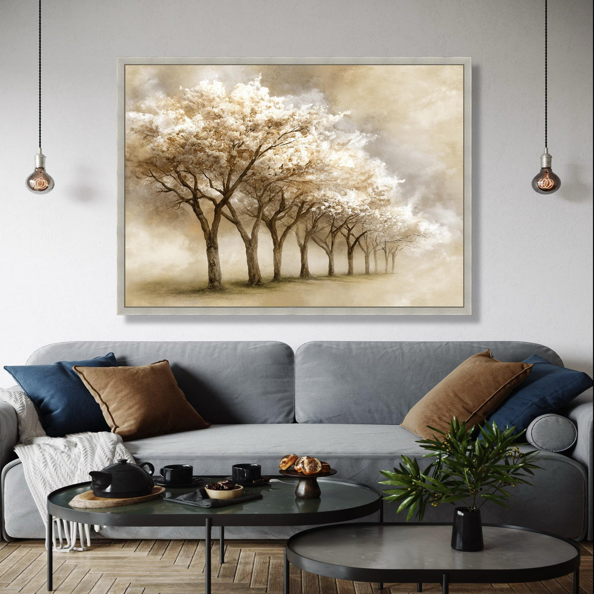 Tranquil Blossom Trees Canvas, Sepia Floral Landscape, Soft Nature Art, Misty Garden Wall Decoration, Elegant Gift Art, Home Decor, Print