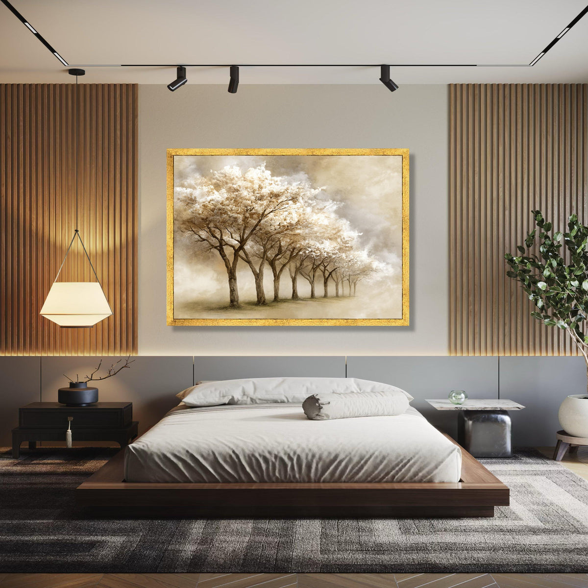 Tranquil Blossom Trees Canvas, Sepia Floral Landscape, Soft Nature Art, Misty Garden Wall Decoration, Elegant Gift Art, Home Decor, Print