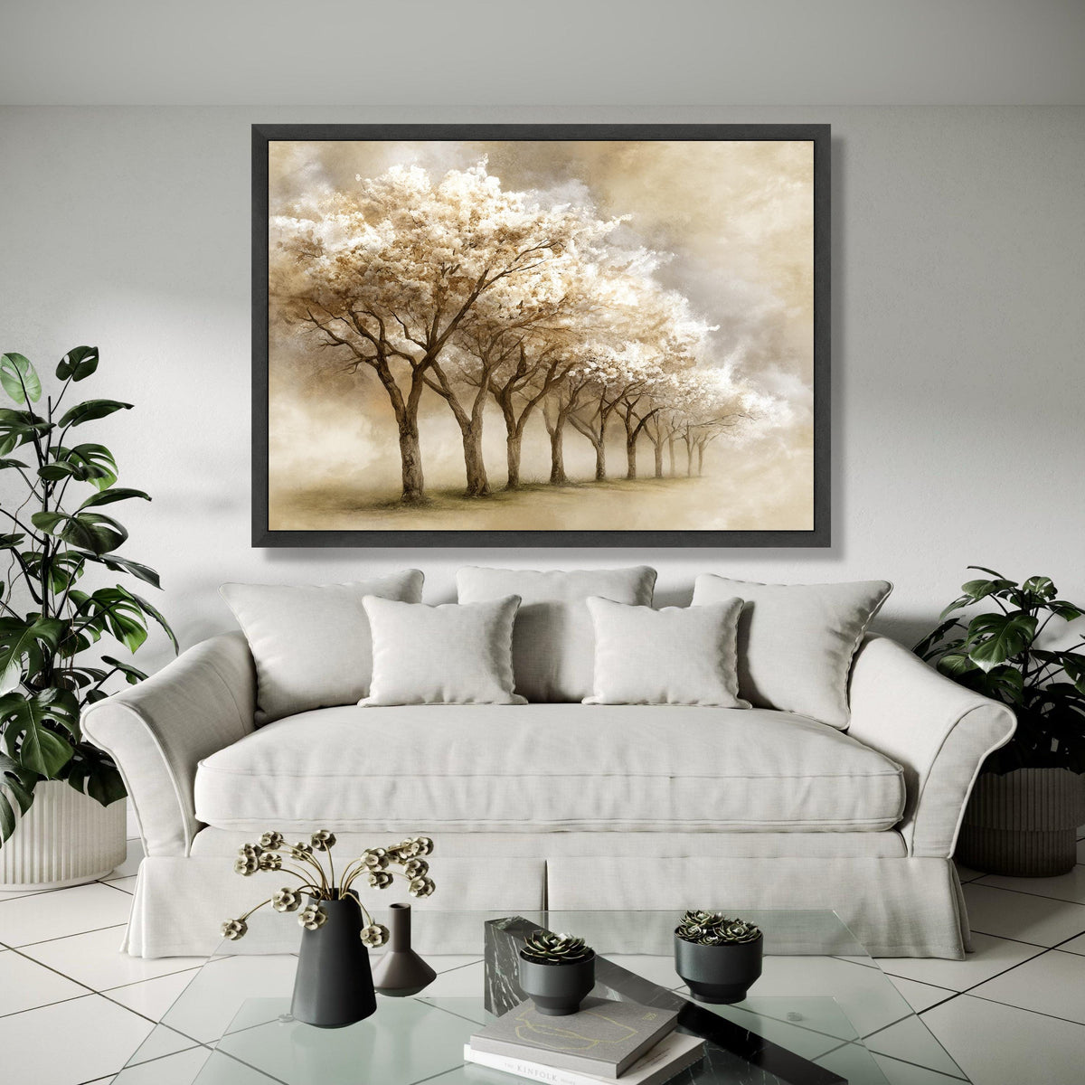 Tranquil Blossom Trees Canvas, Sepia Floral Landscape, Soft Nature Art, Misty Garden Wall Decoration, Elegant Gift Art, Home Decor, Print