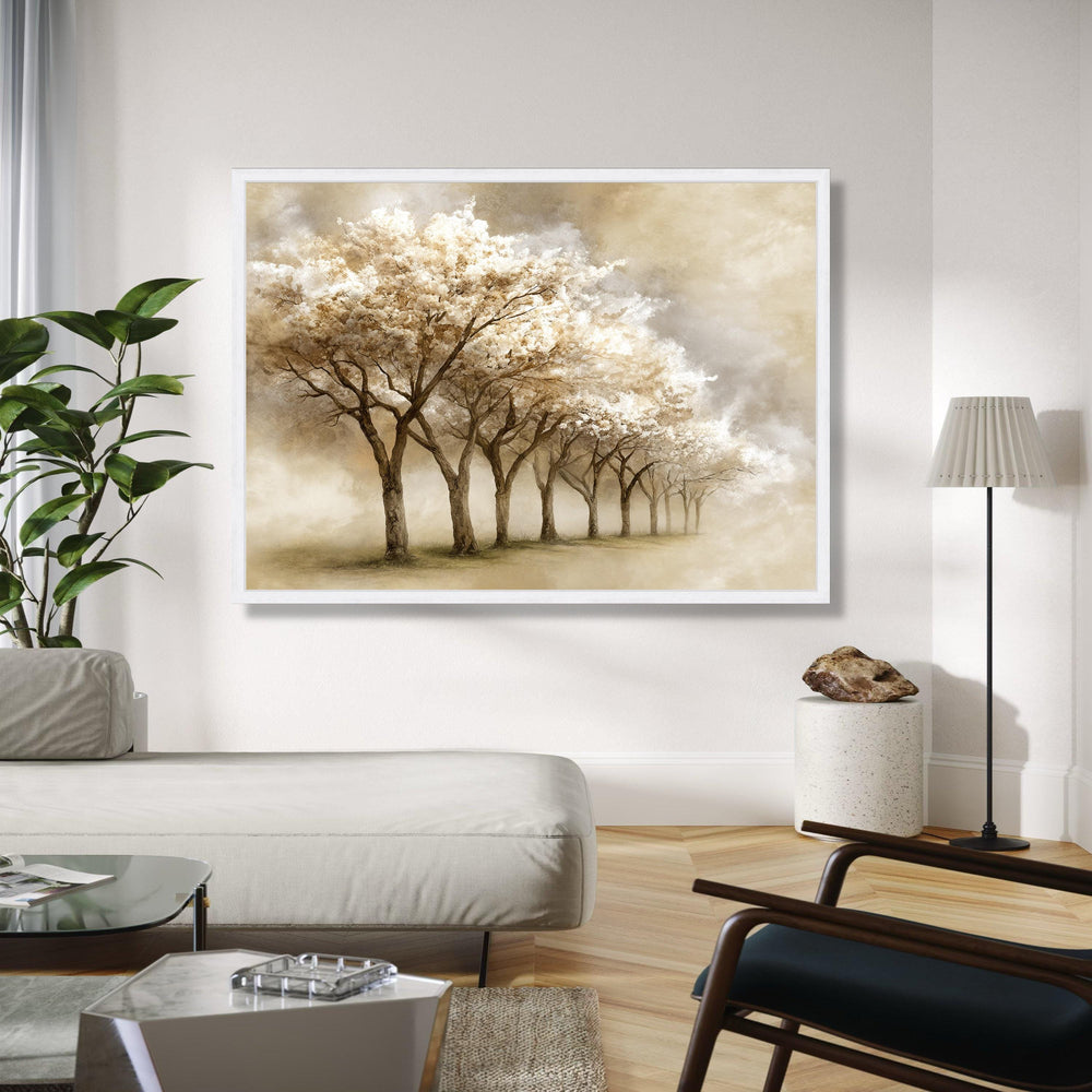 Tranquil Blossom Trees Canvas, Sepia Floral Landscape, Soft Nature Art, Misty Garden Wall Decoration, Elegant Gift Art, Home Decor, Print