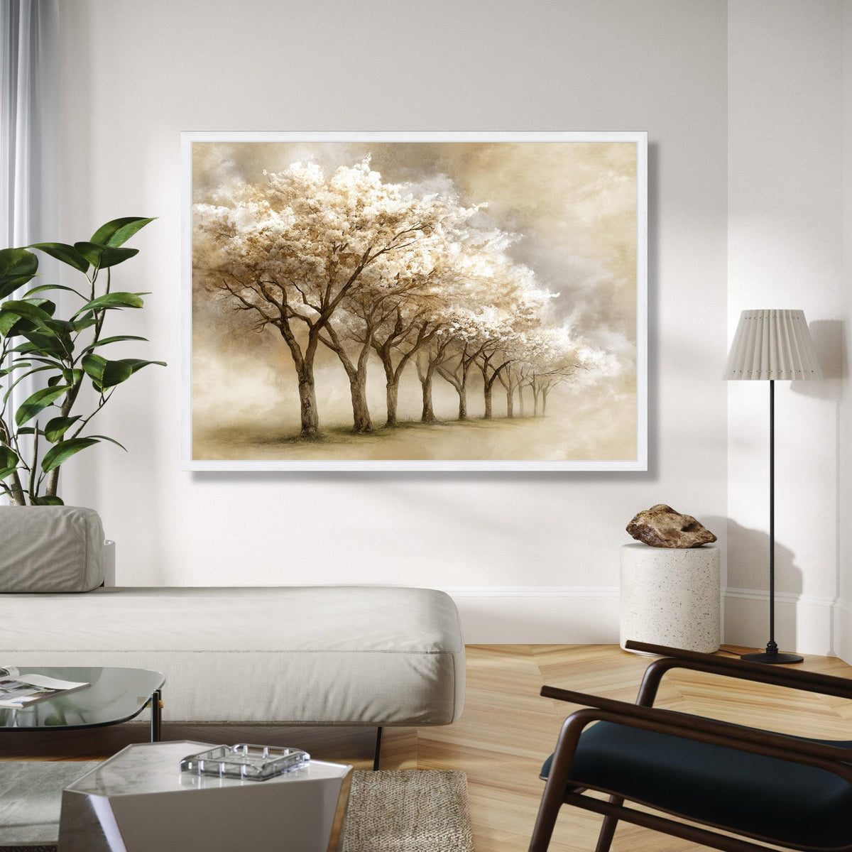 Tranquil Blossom Trees Canvas, Sepia Floral Landscape, Soft Nature Art, Misty Garden Wall Decoration, Elegant Gift Art, Home Decor, Print