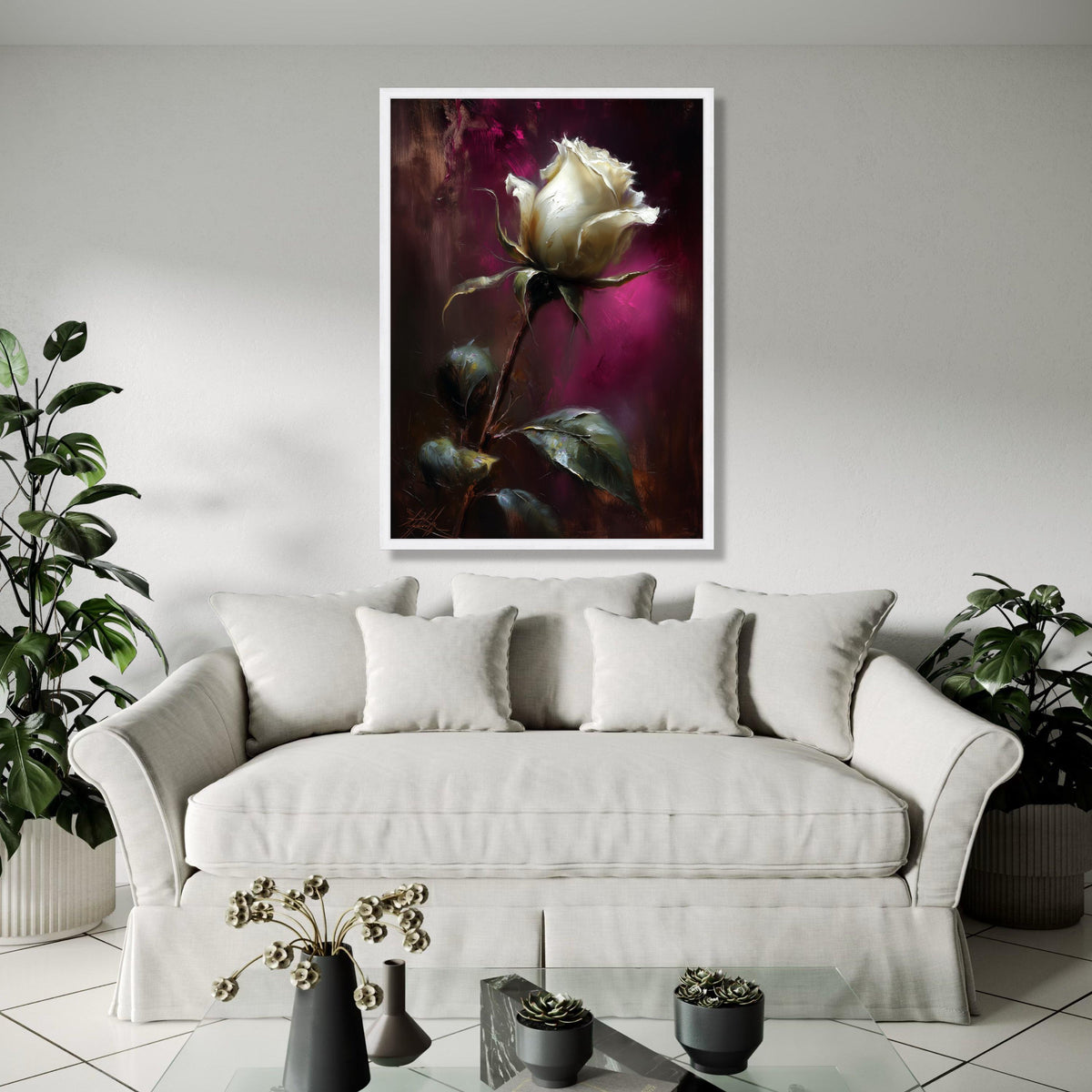 Elegant White Rose Canvas, Floral Wall Art, Painting Romantic Flower Decor, Home Decoration Canvas Art Gift Art, Home Decor, Print
