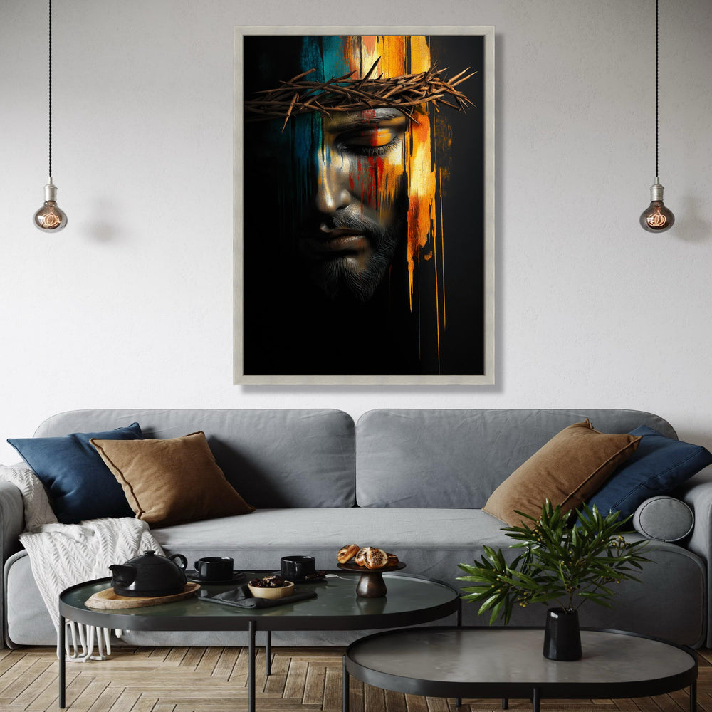 Jesus Christ Crown of Thorns Canvas, Spiritual Wall Art, Religious Portrait Painting, Colorful Abstract Face Gift Art, Home Decor, Print