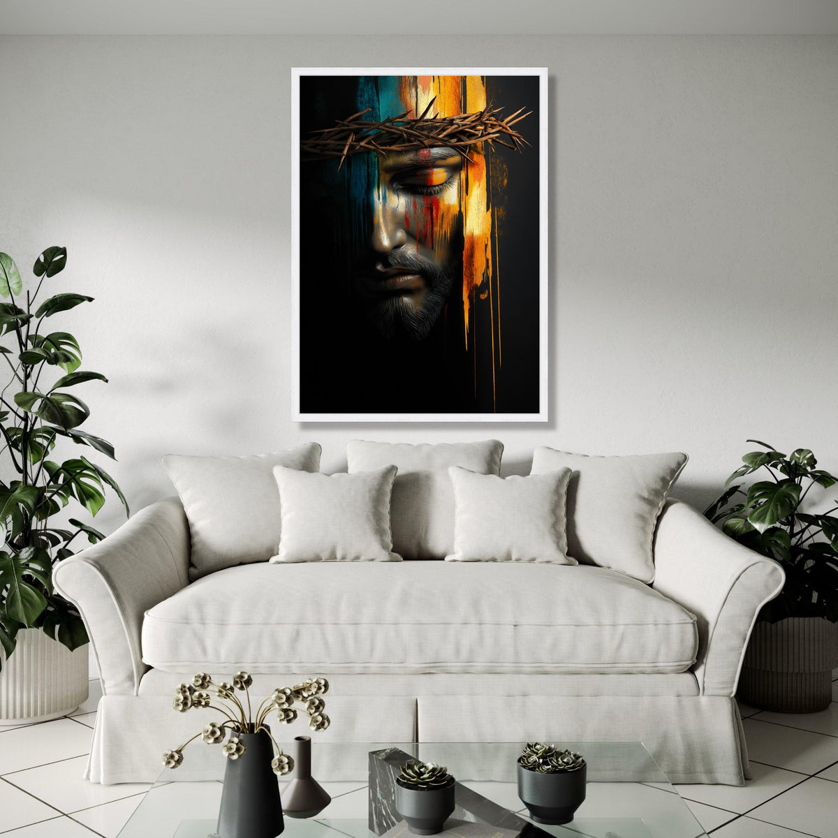 Jesus Christ Crown of Thorns Canvas, Spiritual Wall Art, Religious Portrait Painting, Colorful Abstract Face Gift Art, Home Decor, Print