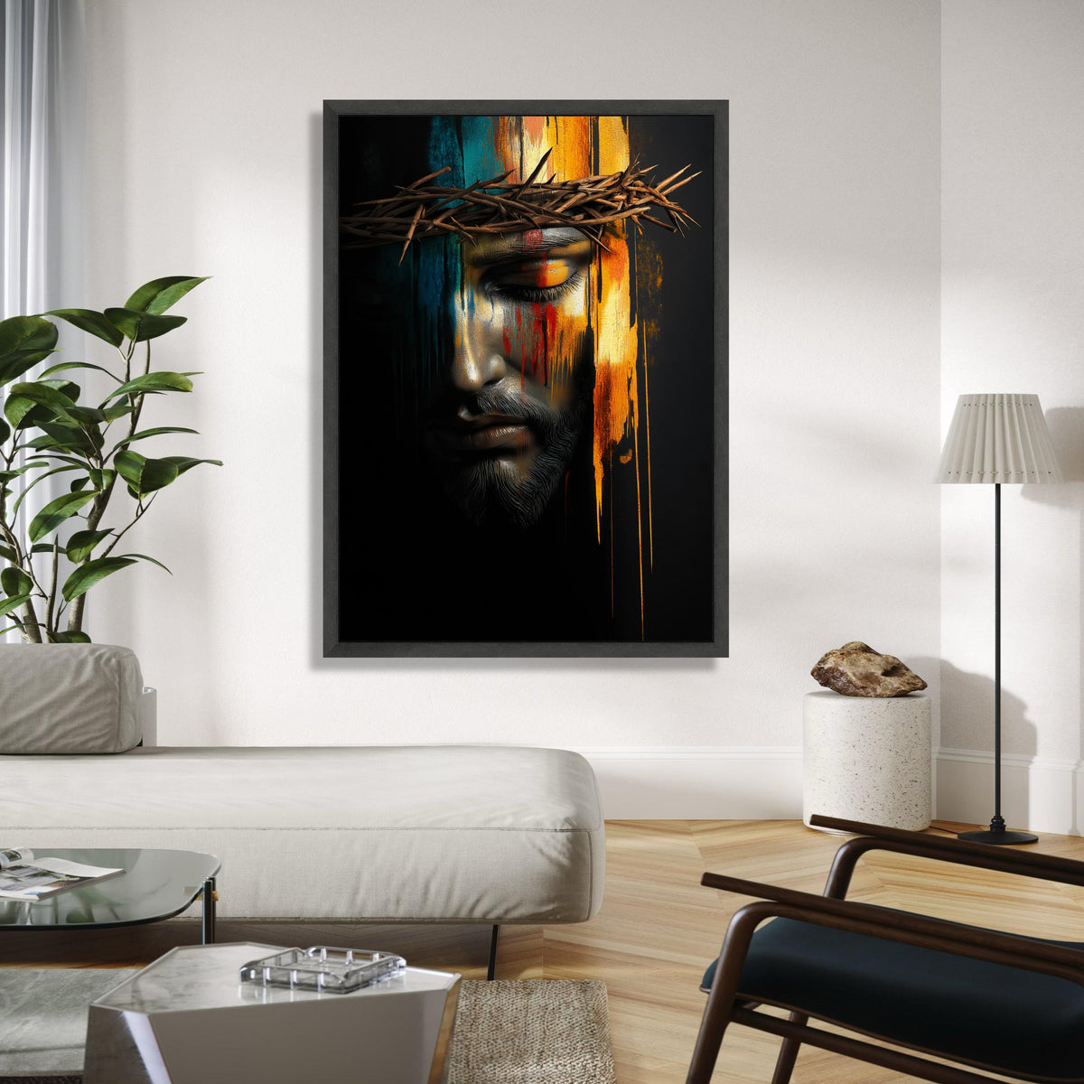 Jesus Christ Crown of Thorns Canvas, Spiritual Wall Art, Religious Portrait Painting, Colorful Abstract Face Gift Art, Home Decor, Print