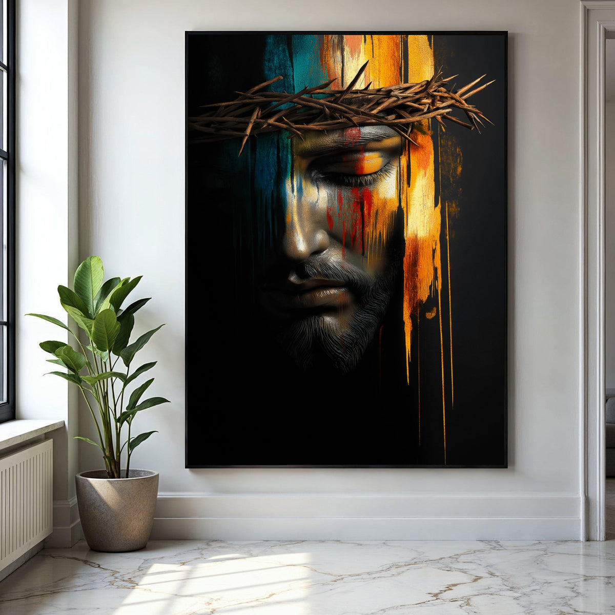 Jesus Christ Crown of Thorns Canvas, Spiritual Wall Art, Religious Portrait Painting, Colorful Abstract Face Gift Art, Home Decor, Print