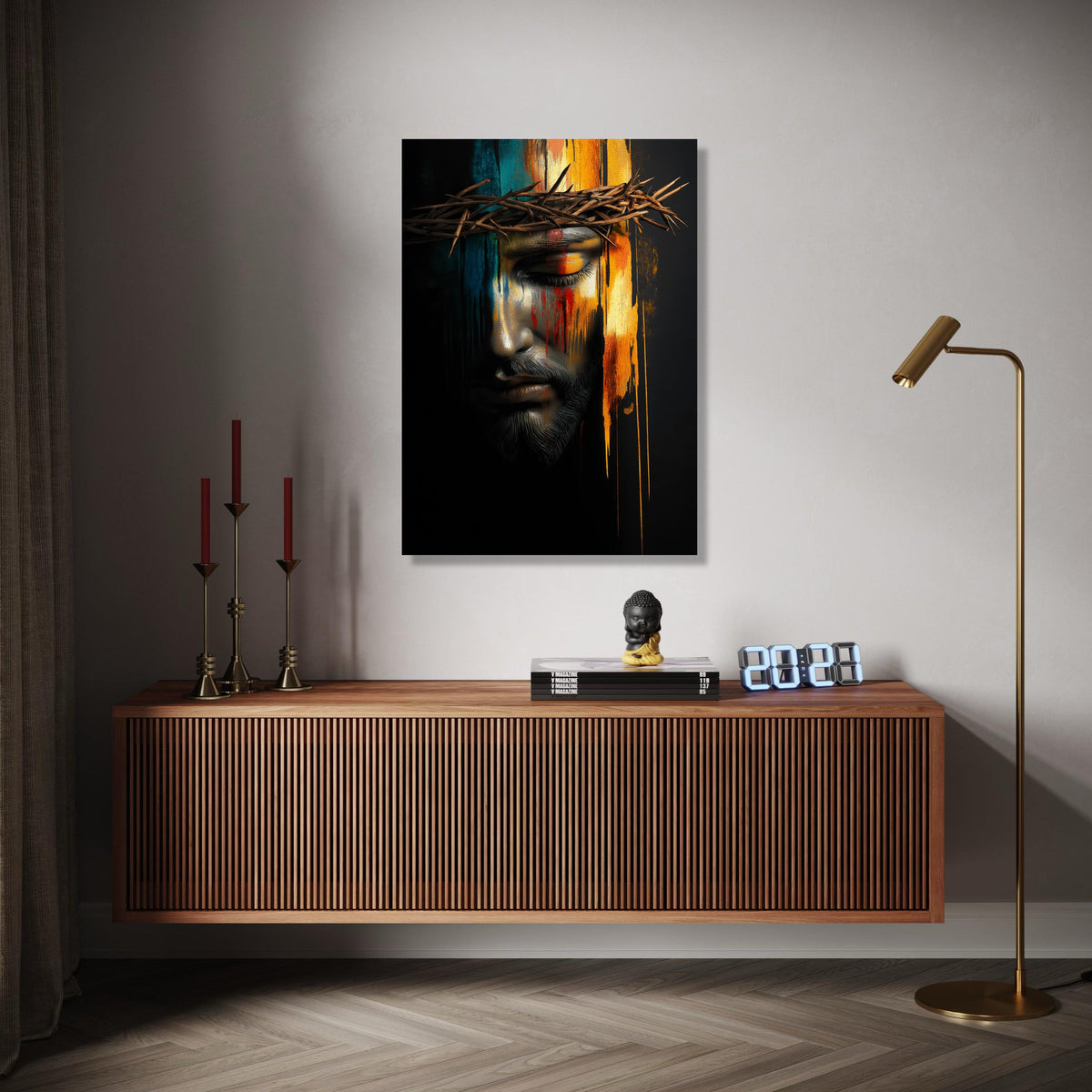 Jesus Christ Crown of Thorns Canvas, Spiritual Wall Art, Religious Portrait Painting, Colorful Abstract Face Gift Art, Home Decor, Print