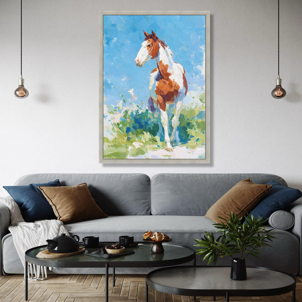 Stunning Brown and White Horse Canvas, Impressionist Animal Wall Art, Country Ranch Decor, Blue Sky Landscape Gift Art, Home Decor, Print