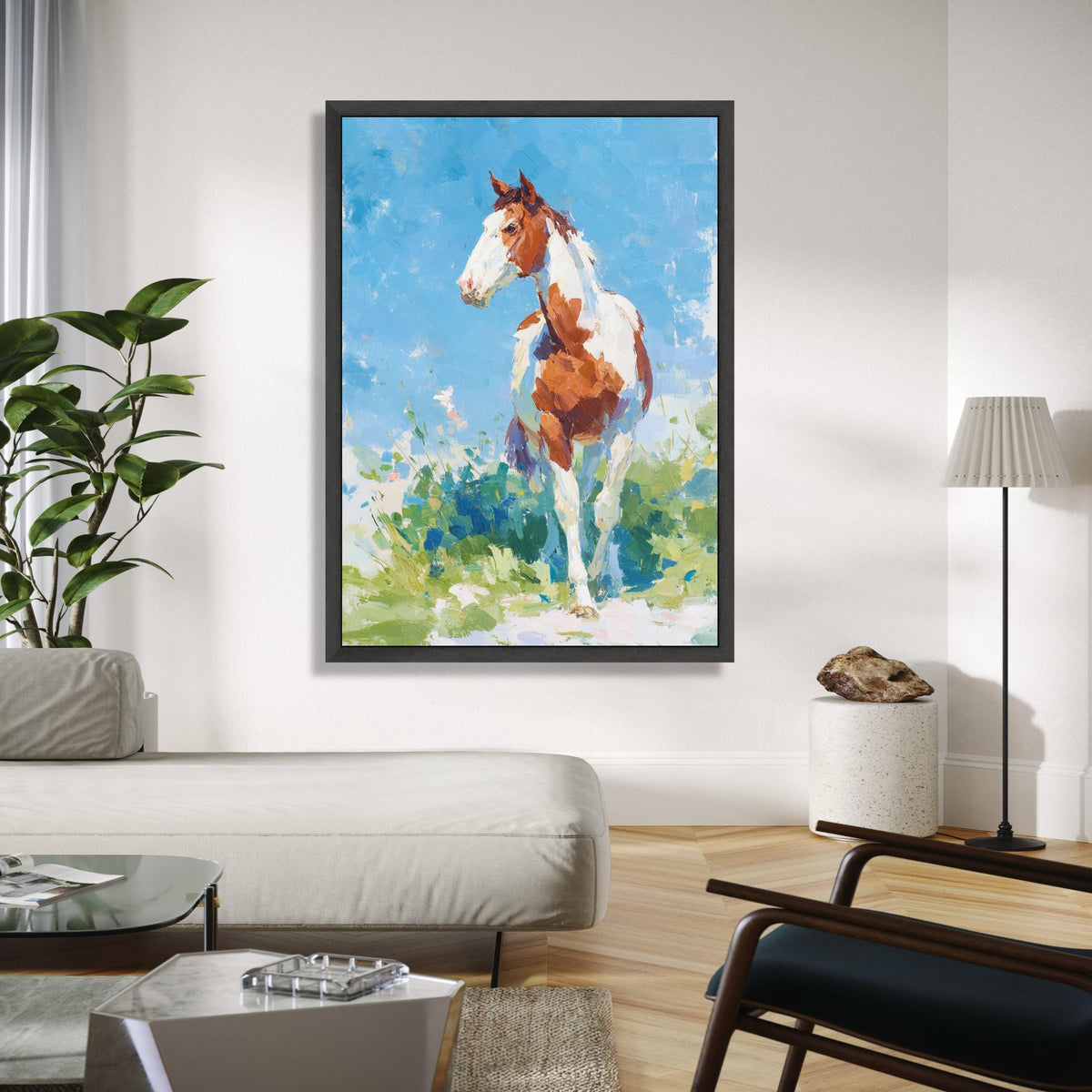 Stunning Brown and White Horse Canvas, Impressionist Animal Wall Art, Country Ranch Decor, Blue Sky Landscape Gift Art, Home Decor, Print