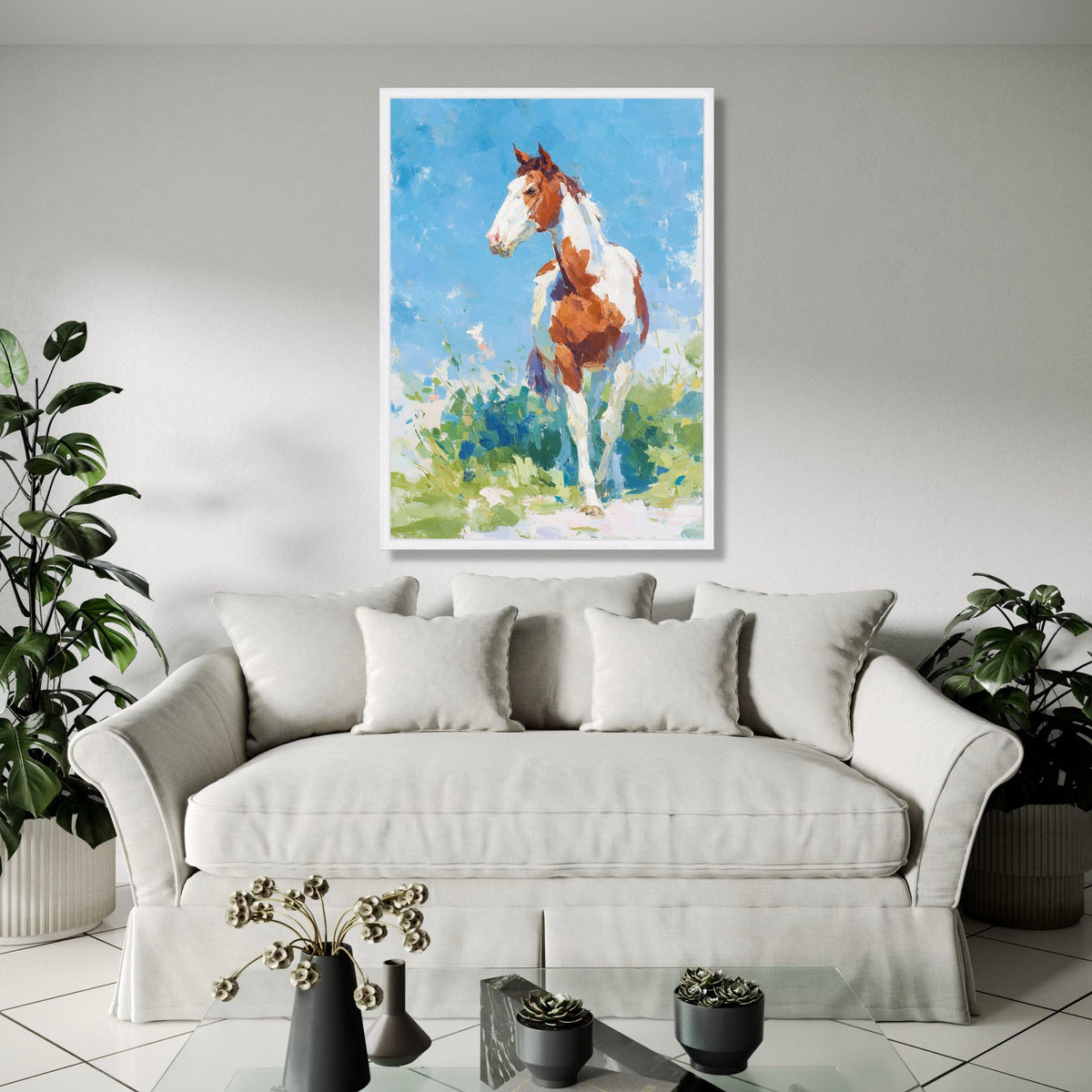 Stunning Brown and White Horse Canvas, Impressionist Animal Wall Art, Country Ranch Decor, Blue Sky Landscape Gift Art, Home Decor, Print