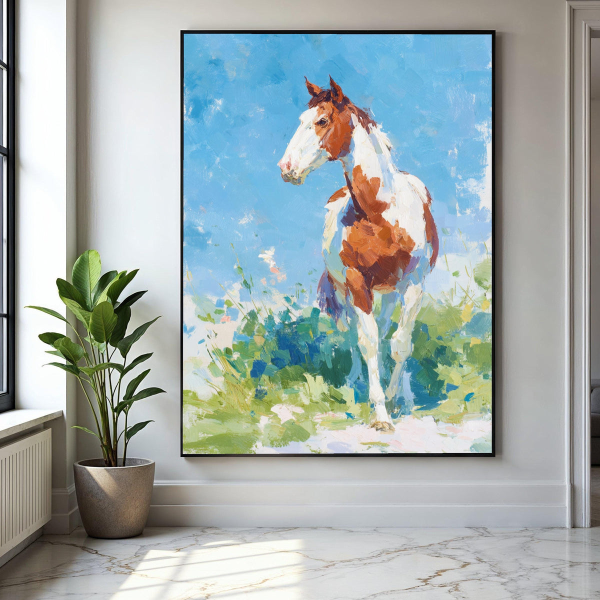 Stunning Brown and White Horse Canvas, Impressionist Animal Wall Art, Country Ranch Decor, Blue Sky Landscape Gift Art, Home Decor, Print