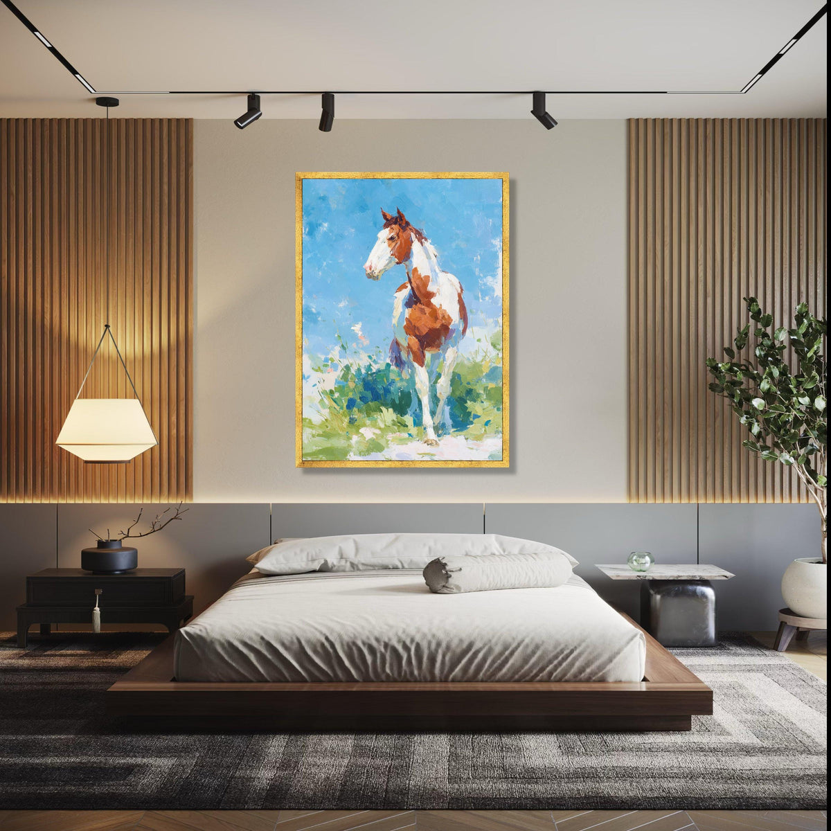 Stunning Brown and White Horse Canvas, Impressionist Animal Wall Art, Country Ranch Decor, Blue Sky Landscape Gift Art, Home Decor, Print