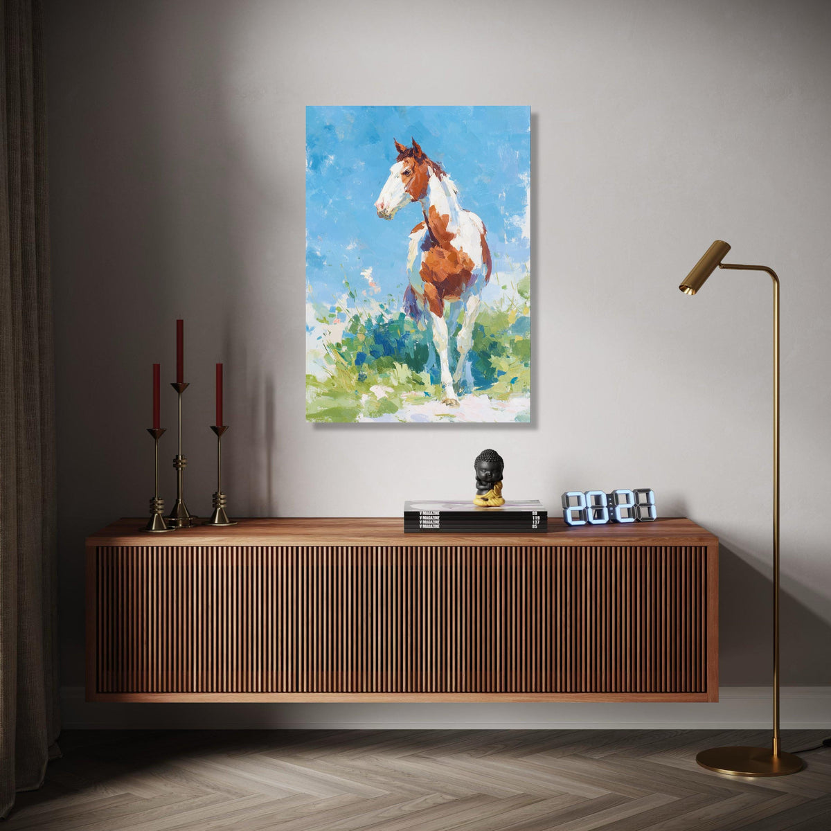 Stunning Brown and White Horse Canvas, Impressionist Animal Wall Art, Country Ranch Decor, Blue Sky Landscape Gift Art, Home Decor, Print