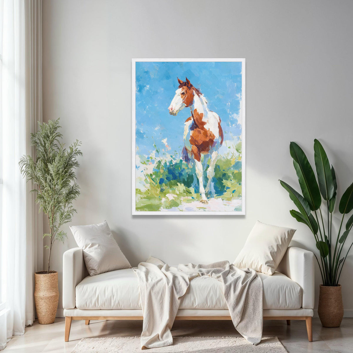 Stunning Brown and White Horse Canvas, Impressionist Animal Wall Art, Country Ranch Decor, Blue Sky Landscape Gift Art, Home Decor, Print