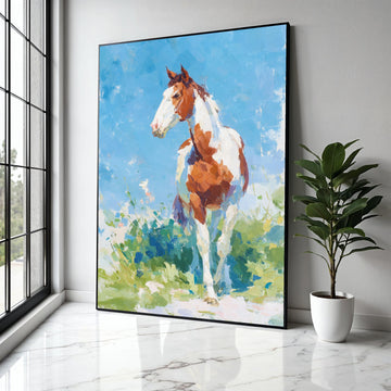 Stunning Brown and White Horse Canvas, Impressionist Animal Wall Art, Country Ranch Decor, Blue Sky Landscape Gift Art, Home Decor, Print
