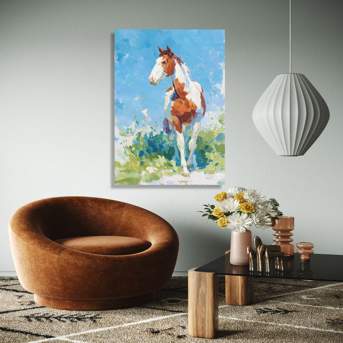Stunning Brown and White Horse Canvas, Impressionist Animal Wall Art, Country Ranch Decor, Blue Sky Landscape Gift Art, Home Decor, Print