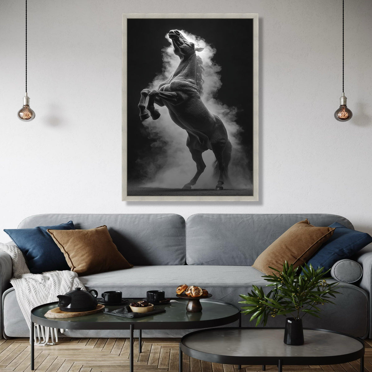 Majestic Rearing Horse Canvas Wall Art, Black and White Equestrian Decor, Dramatic Animal Silhouette, Smoke Gift Art, Home Decor, Print