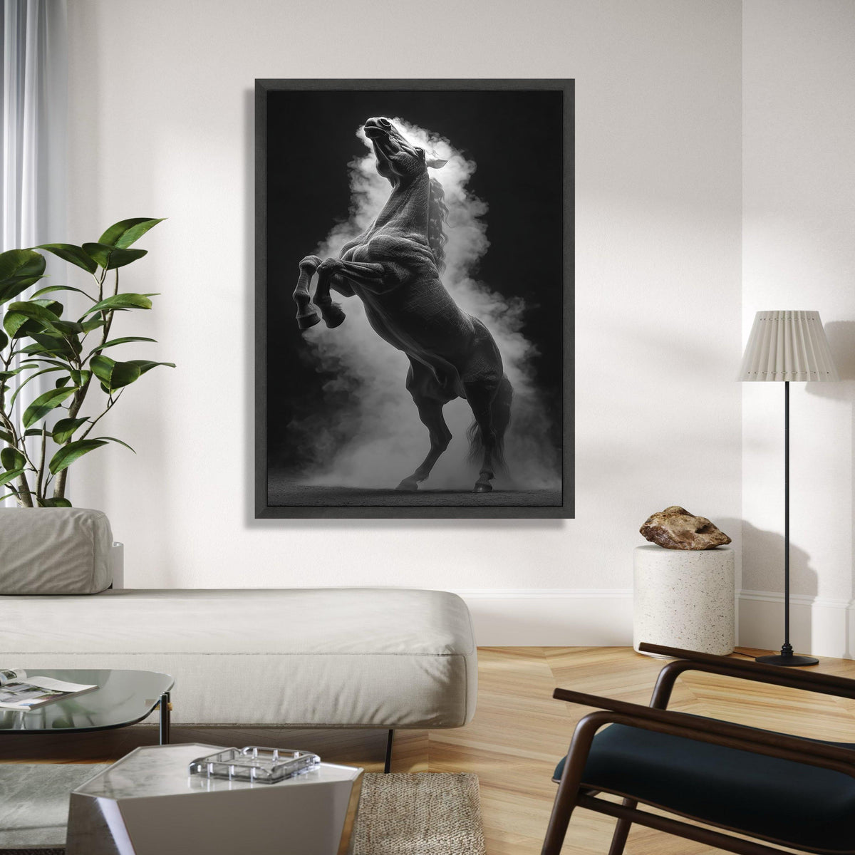 Majestic Rearing Horse Canvas Wall Art, Black and White Equestrian Decor, Dramatic Animal Silhouette, Smoke Gift Art, Home Decor, Print