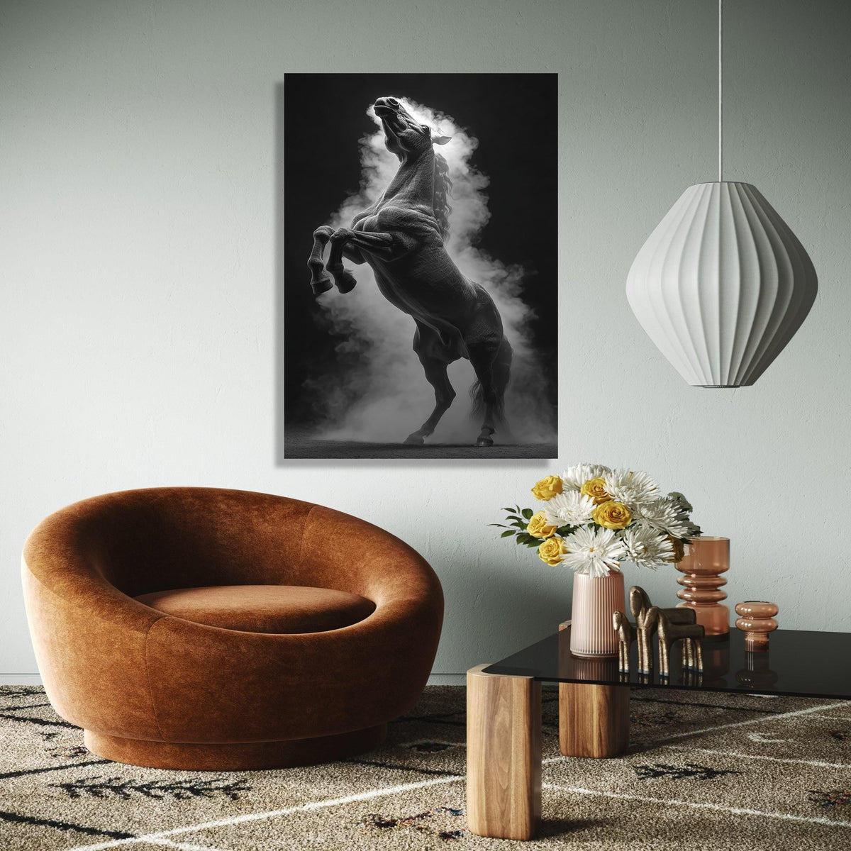 Majestic Rearing Horse Canvas Wall Art, Black and White Equestrian Decor, Dramatic Animal Silhouette, Smoke Gift Art, Home Decor, Print